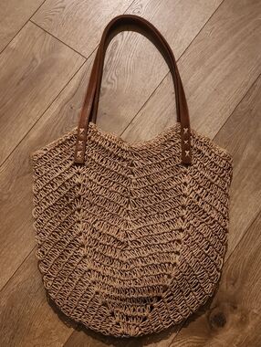 NWOT Natural Woven Tote with Brown Handles